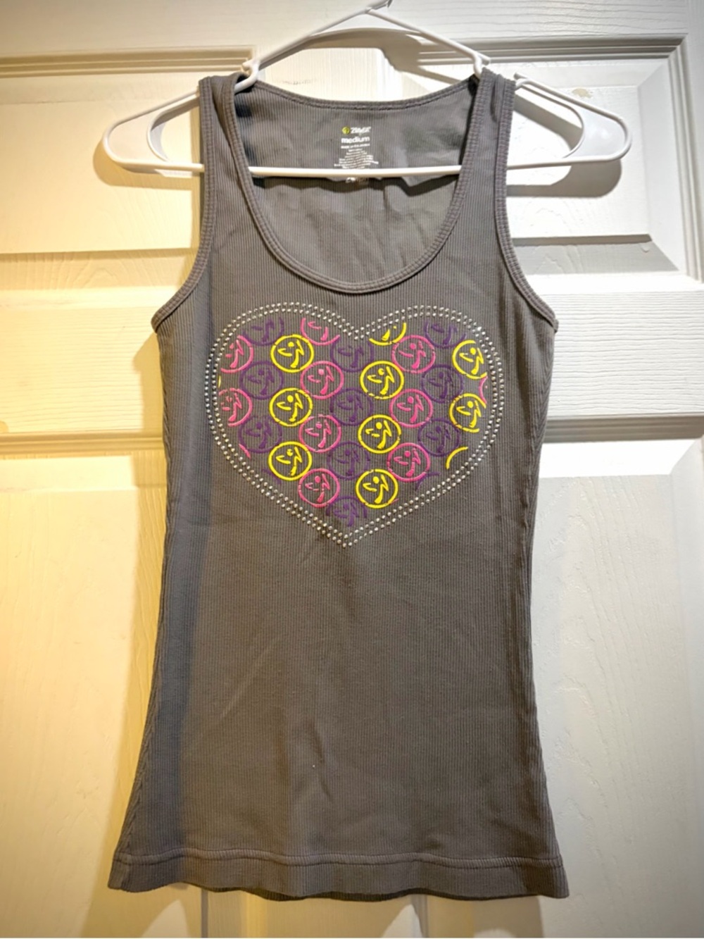 Zumba Gray Tank w/ Pink & Yellow Heart studded Graphic, gently used hard to find